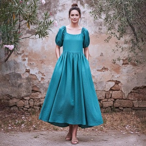 Robe midi vintage 100% coton, taille haute, respirante, col carré, manches cloche, coupe évasée, avec poches, toutes saisons, pour femmes - Product Image 1