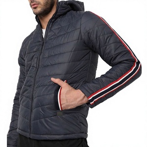 Men's Navy Hooded <b>Puffer</b> <b>Jacket</b> With Red <b>White</b> Stripe Sleeve Windproof Zipper Closure Casual Winter Coat Regular Fit 2026 - Product Image 4