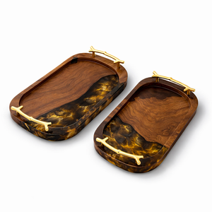 Plateau de service en bois pour la maison, l'hôtel, la table, pour servir des fruits et des aliments, plateau de service en bois de forme ovale avec incrustation en résine - Product Image 1