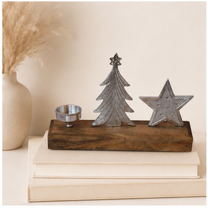 Handmade Silver Aluminum Christmas Tree And Star <b>Tea</b> <b>Light</b> Candle Holder On Mango Wood Base Festive Holiday Table Centerpiece - Product Image 4