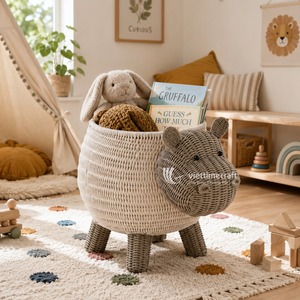 Modern Rattan Animal <b>Storage</b> Basket Luxury Wicker Hippo Bear Toy Hamper Multifunction Sustainable Standing Nursery Organizer <b>Bin</b> - Product Image 5