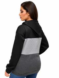 Sudadera con capucha y media cremallera, con bloques de color, de forro polar, casual, de corte regular, para otoño, talla grande para mujer, en negro, gris y azul. - Product Image 5