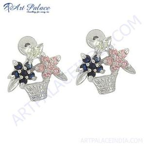 New Style Iolite & Pink Glass & CZ <b>Silver</b> <b>Hoop</b> Earrings Fashionable Floral Basket Style - Product Image 1