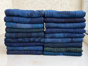 Couvre-lits en coton bleu indigo Kantha, cousus à la main, style bohème, taille double 60x90 pouces, fabriqués en Inde - Product Image 2
