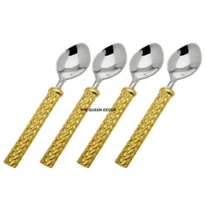<b>Set</b> Elegant Gold Finish Perfect for Dining Decor Gifting <b>and</b> Server Use Premium Leaf Handle Brass <b>Spoon</b> <b>and</b> <b>Fork</b> Cutlery - Product Image 3