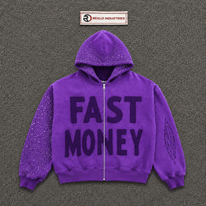 Sudadera con capucha morada Fast Money para hombre, oversize, con cremallera frontal, estampado puff, estilo streetwear, de forro polar, para otoño, corte regular, oversize de forro polar - Product Image 5