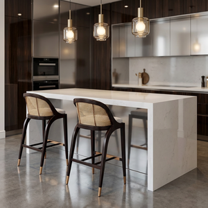 <span class=keywords><strong>Tabouret</strong></span> de bar moderne avec dossier en rotin, chaise de comptoir de luxe en bois massif de frêne avec coussin en tissu et repose-pieds doré pour îlot de cuisine - Product Image 2