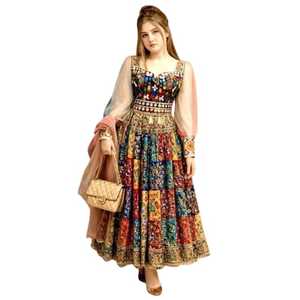 Vestido de novia afgano vintage Kuchi Salwar Kameez, bordado a mano, de seda Georgette, para fiesta de bodas, ajustado, para mujer. - Product Image 1