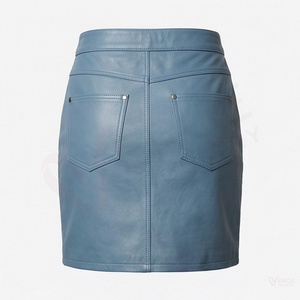 Jupe crayon taille haute en cuir véritable pour femme, bleue, avec fermeture éclair, mini, courte - Product Image 2