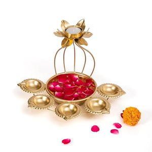Support de bougie chauffe-plat en métal Lotus avec base en bol Urli, fait main, décoration Diya pour anniversaire, maison, bureau, cadeaux festifs - Product Image 1