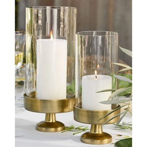 Luxury Brushed Gold Pedestal <b>Hurricane</b> <b>Lantern</b> Set of 2 Brass Finish Pillar Candle Holders Elegant Glass Chimney Buffet Center - Product Image 2