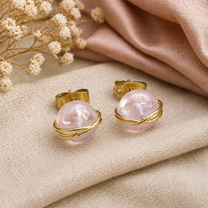 Rose Quartz Round Wire Wrapped <b>Stud</b> Earrings 8mm | Handmade Pink Gemstone <b>Studs</b> | Love Healing Gift - Product Image 1