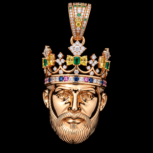 Pendentif Couronne en Or Rose avec Breloque Visage Barbu et Pierres Précieuses Multicolores, Collier Bijou Cadeau - Product Image 1