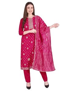 Conjunto de traje SAZU fucsia Chanderi con estampado floral y detalles bordados, elegante conjunto de kurta, pantalón y dupatta en color rosa fucsia. - Product Image 6