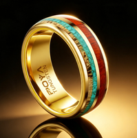 Bague en carbure de tungstène avec incrustation de bois de fût de whisky, turquoise et bois de cerf, bord poli, pour mariage, fiançailles et promesse