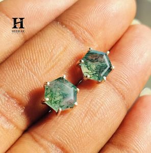 Luxury Hexagon Moss Agate <b>Stud</b> <b>Earrings</b>, Natural Gemstone Ear <b>Studs</b> in 14K Gold, Unique Minimalist Jewelry for Women and Gifts - Product Image 4