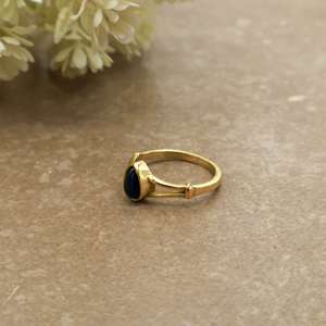 Boho Pear Black Onyx Brass <b>Ring</b> 14K Gold Plated <b>Split</b> Shank Unisex Minimalist Statement Jewelry - Product Image 3