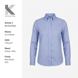 Camisa de Algodón para Mujer, 100GSM, Diseño Espigado, Manga Larga, Blusa Azul, OEM ODM - Product Image 1