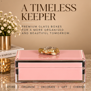 Blossom <b>Pink</b> Glass Jewelry Storage Box with Natural Stone Accent Gold Edging Glossy Finish Soft Lining Decorative Keepsake Organ - Product Image 4