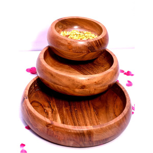 Ensaladera de madera de acacia, Juego de 3 cuencos de pie redondo respetuosos con el medio ambiente para servir alimentos, mezclar y frutas en el hogar, restaurante y uso en hoteles - Product Image 6