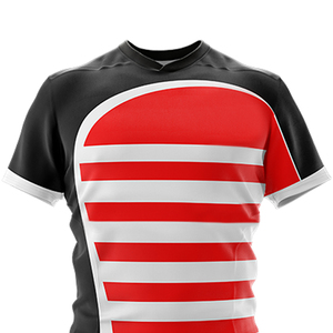 เสื้อรักบี้แบบยูนิเซ็กซ์สั่งทำพิเศษ ผ้าโพลีเอสเตอร์ 100% คอกลม สีแดง ดำ ขาว ลายทาง แขนสั้น ระบายเหงื่อได้ดี ทรงสปอร์ต เหมาะกับทุกคน - Product Image 4