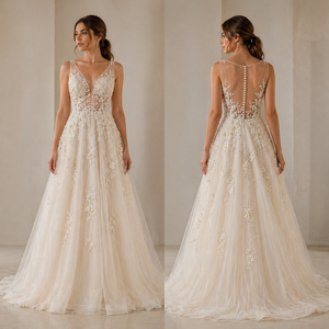 Robe de mariée bohème élégante ivoire avec appliques florales en dentelle et traîne en tulle |   Robe longue sans manches, col en V, dos nu |   OEM - Product Image 5