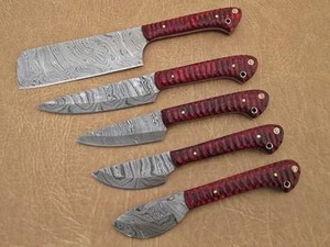 Ensemble de couteaux de cuisine japonais professionnels en acier Damas à cinq pièces, lames en acier Damas, manches en bois Pakka - Product Image 3