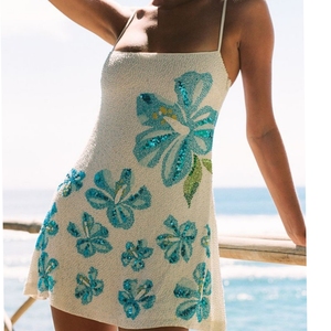 Ombre Seed Bead Pearl Embroidered Mini Dress Yellow Blue Rayon Fabric Side Slit Party Outfit Sleeveless Neck Summer Apparel - Product Image 3