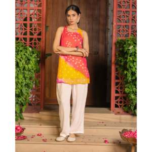 Rani <b>Yellow</b> Bandhej Chiffon Sleeveless Breathable <b>Women's</b> Kurta Set-XS Size - Product Image 4