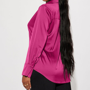 Blusa Elegante de Verano para Mujer, Satén, Manga Larga, Cuello Camisero, Color Sólido, Corte Holgado, Color Fucsia - Product Image 2