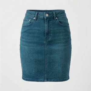 Jupe crayon en jean taille haute pour femme, mini, couleur unie, style décontracté avec poches, finition délavée - Product Image 1