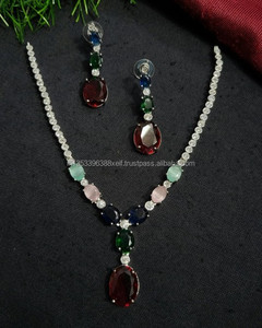 Classic Ethnic American Zinc Alloy Diamond Bridal Set Two-Piece <b>Necklace</b> Earrings Antique Silver Plated Engagement Gift Wedding - Product Image 1