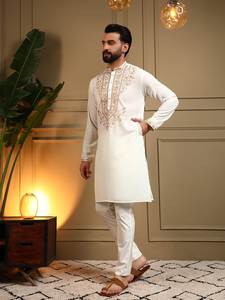 Ensemble Kurta Pyjama Traditionnel Blanc Brodé de Soie pour Homme, Tunique avec Col et Poignets Ornés de Zari, Tenue de Fête et de Cérémonie, Vente en Gros, Style Ethnique - Product Image 2