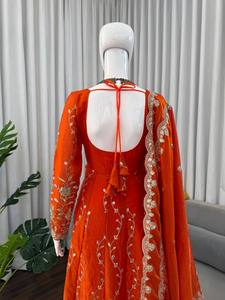 Orange Fandy Silk Anarkali 3 Piece Set Women <b>Top</b> Pant Dupatta Thread Sequence Work Traditional Outfit - Product Image 3