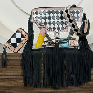 Bolso bandolera con flecos transparentes de PVC occidental de moda y conjunto de monedero con diseño de cuero a cuadros blanco y negro para mujer - Product Image 4