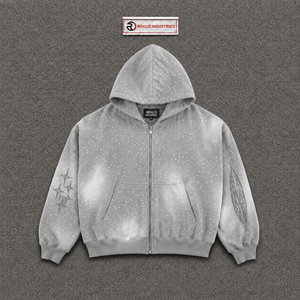 เสื้อฮู้ดดี้โอเวอร์ไซส์สีเทาประดับคริสตัลระยิบระยับ สไตล์โมเดิร์นสตรีทแวร์ ลายจุด ผ้าฝ้ายเฟรนช์เทอร์ - Product Image 5