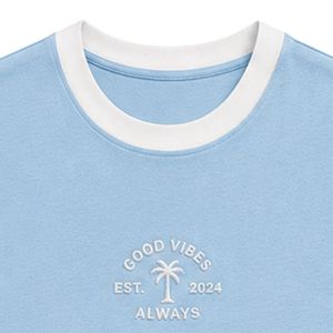 เสื้อกล้ามสีฟ้าอ่อนไม่มีแขน ปักโลโก้สีขาว ดีไซน์สำหรับผู้หญิง เสื้อผ้าฝ้ายลำลองสำหรับฤดูร้อน คอกลม เสื้อแฟชั่นสั่งทำได้ - Product Image 5