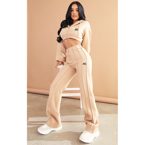 Wholesale Women Beige Hoodie and Wide Leg Pants <b>Set</b> Custom Fleece Tracksuit Private Label Manufacturer - Product Image 1