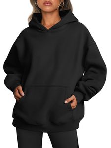 Sweat à capuche oversize en polaire pour femme, noir uni, coupe classique, manches longues, décontracté, hiver, avec badge sur le devant - Product Image 1