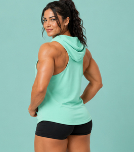 Camiseta sin mangas con capucha y logo frontal transpirable para mujer, top deportivo de alta calidad, chaleco deportivo con espalda cruzada, sudadera con capucha tipo stringer - Product Image 5