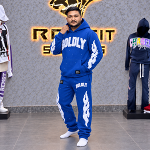 Survêtement bleu pour homme avec appliqué, sweat à capuche personnalisé avec lettres, pantalon de jogging en molleton de coton épais avec strass, étiquette personnalisée OEM - Product Image 2