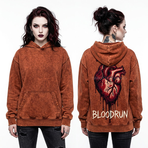 Red Acid Wash Distressed Hoodie Women Raw Hem Bat Wing <b>Back</b> Graphic Print Cropped Streetwear Pullover Sweatshirt Manufacturer - Product Image 6