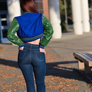 Chaqueta Corta Estilo Universitaria para Mujer, Color Azul Rey y Verde, Estilo Bomber, Mangas de Cuero Sintético, Ropa Exterior Informal, Moda Femenina - Product Image 6