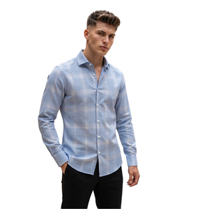 Chemise en flanelle à carreaux bleu clair pour homme, manches longues, boutonnée, décontractée, en tissu brossé doux, style streetwear, vente en gros - Product Image 1