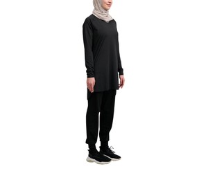 Robe noire modeste à manches longues et col montant pour femme, taille basse, silhouette droite, couleur unie, tissu polyester respirant - Product Image 3