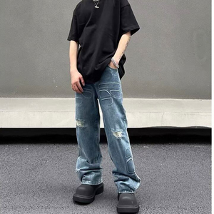 Jeans de mezclilla de pierna ancha para hombre, de cintura alta, estilo streetwear, con bolsillos 3D, de algodón, corte holgado, lavado desgastado, tendencia top 2026, para otoño - Product Image 4