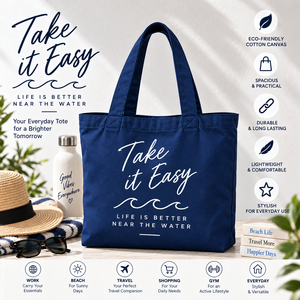 Bolsa de Lona Take It Easy 46x37x15cm Azul Marino con Patrón de Letras, Asa de 26cm, Interior Espacioso, Bolsa de Viaje y Compras - Product Image 4