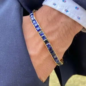 18k <b>Solid</b> Real <b>Gold</b> Plated Sapphire Channel Set Chain Bracelet For Unisex Fashion Classic Style Jewelry Gift - Product Image 4