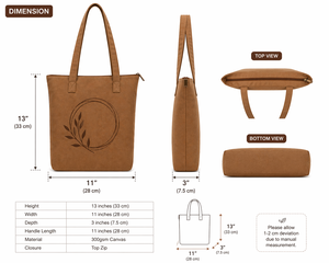 Brown Canvas <b>Tote</b> <b>Bag</b> <b>With</b> Leaf Print <b>Zip</b> Closure Minimalist Style Shopping <b>Bag</b> All Seasons Use - Product Image 2
