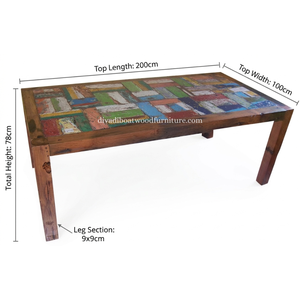Table à manger DIVADI, modèle carré à pieds fixes, patchwork, bois de bateau recyclé, design durable, écologique, pour intérieur et extérieur - Product Image 2